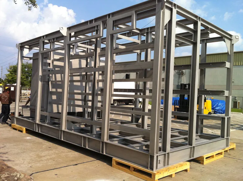 Large welded stainless steel frame after pickling and passivation outside Harrison Electropolishing in Houston